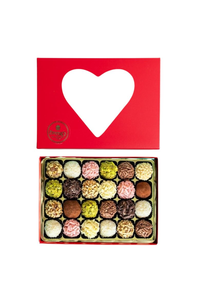 Valentine's day box of 24  brigadeiros red - heart lid, red base